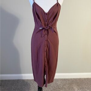MOD Boutique Button Front Midi Dress | Tie Waist | Mauve/Rust | Size M
